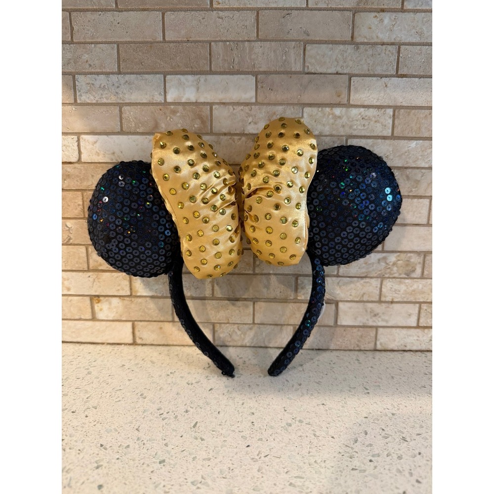 Disney Parks Minnie Mouse Ears Headband Black Sequin Gold Bow‎ Rhinestone